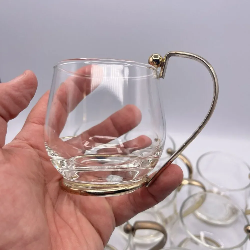 11 Vintage Brass Handled Glass Mugs Mid Century Modern Bar Ware